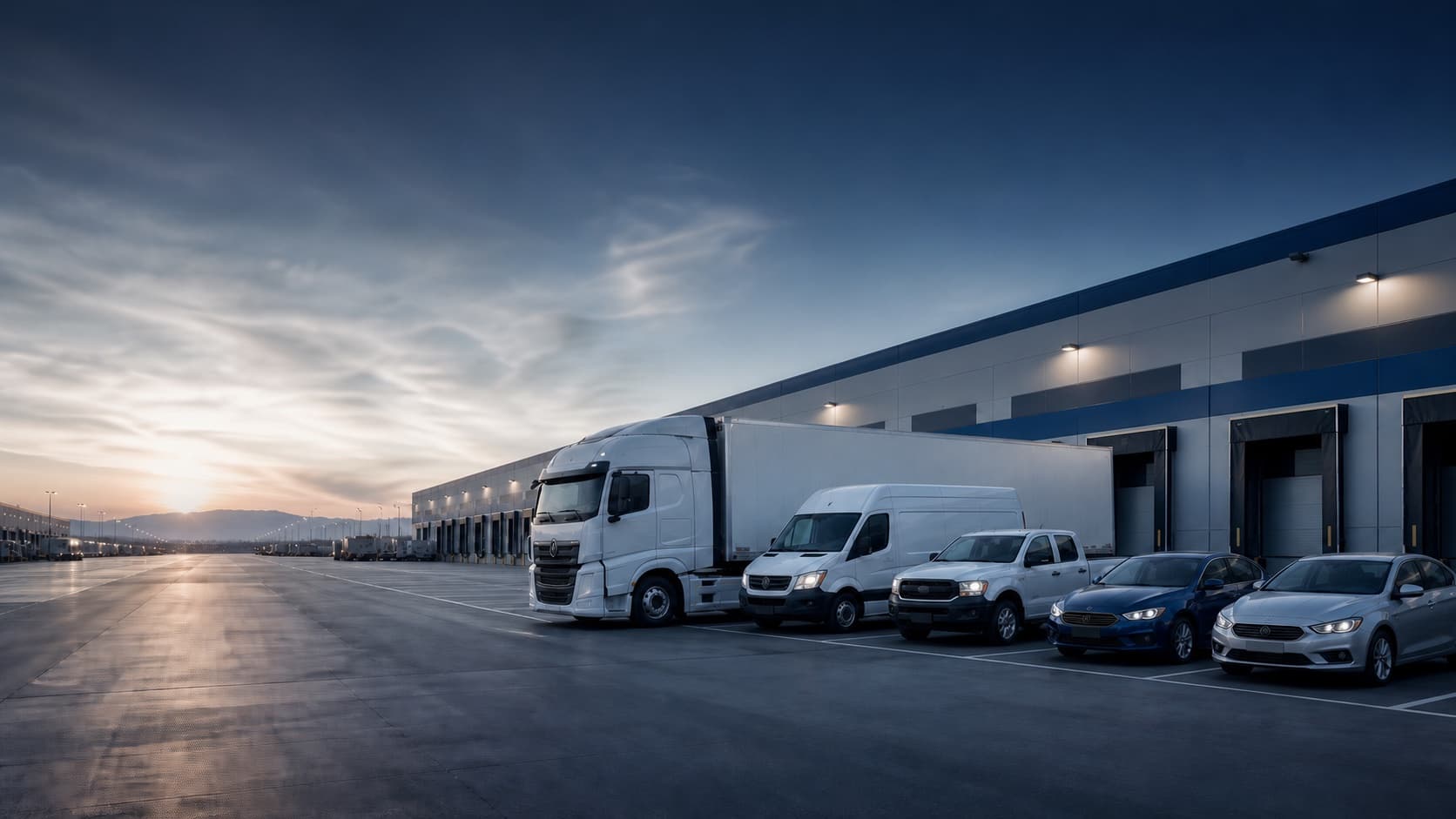 Tractor-trailer, vans and corporate cars at a distribution center at dusk