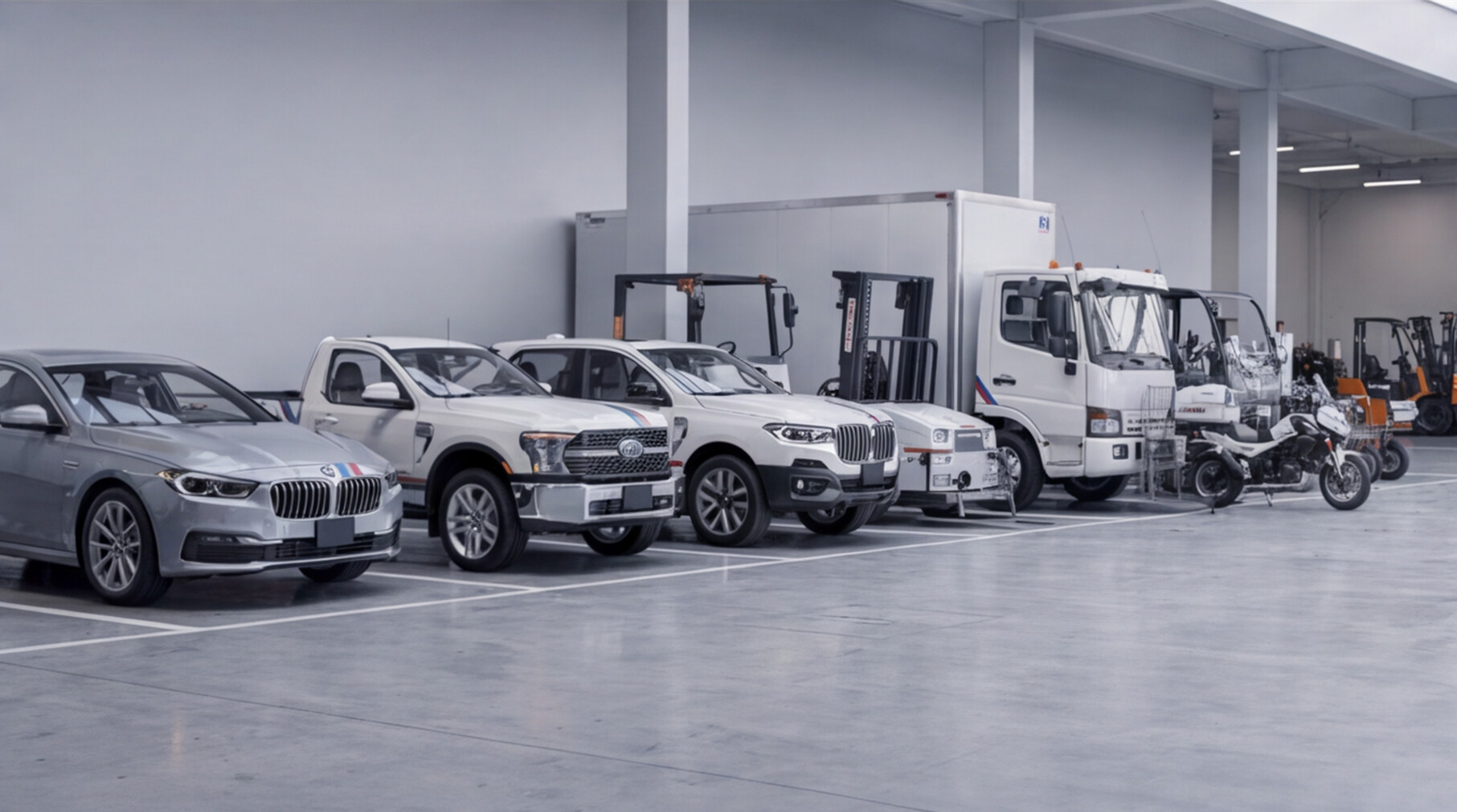 Flota mixta: autos, pickup, SUV, camión, montacargas y motocicleta
